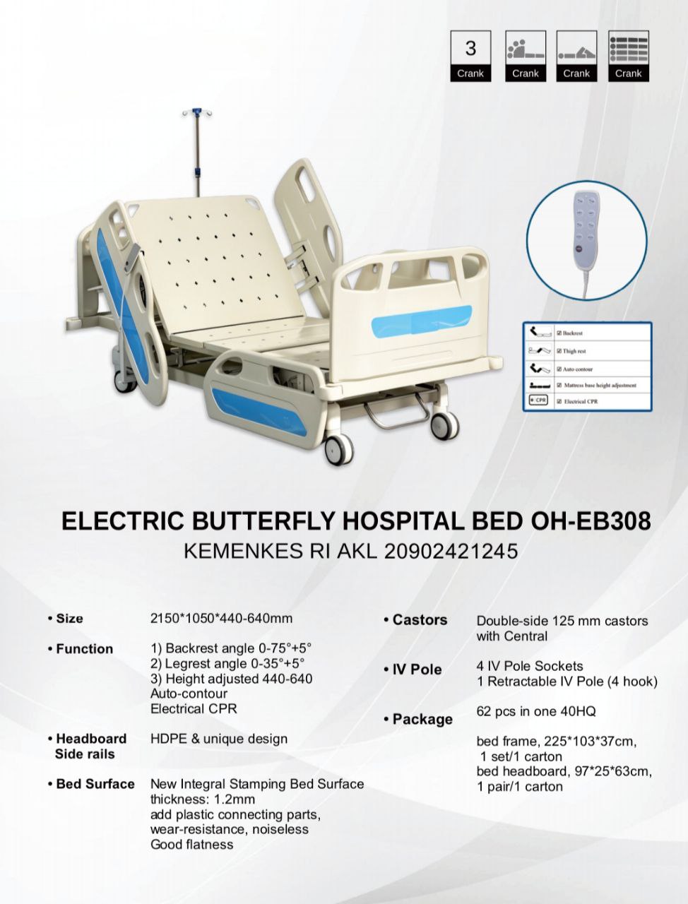 Hospital Bed Electrik Butter Fly OH-EB308 (Kupu-Kupu 3 Funtion)